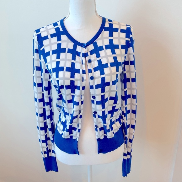 CAbi Frame Knit Blue White Gray Cardigan Style 695 - Picture 4 of 7